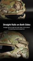 Camouflage tactical helmet with side rails for attaching tactical equipment
