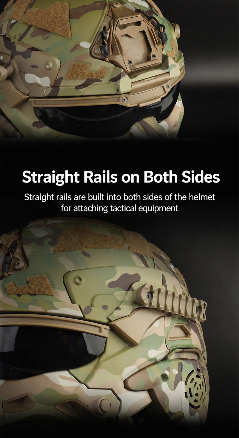 Camouflage tactical helmet with side rails for attaching tactical equipment