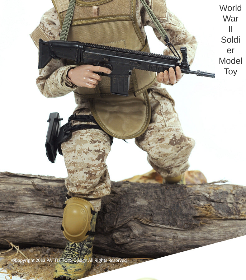 Military-style toy soldier action figure holding a rifle in camouflage gear