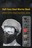 Half-face protective mask displayed on a mannequin with multiple color options shown at right
