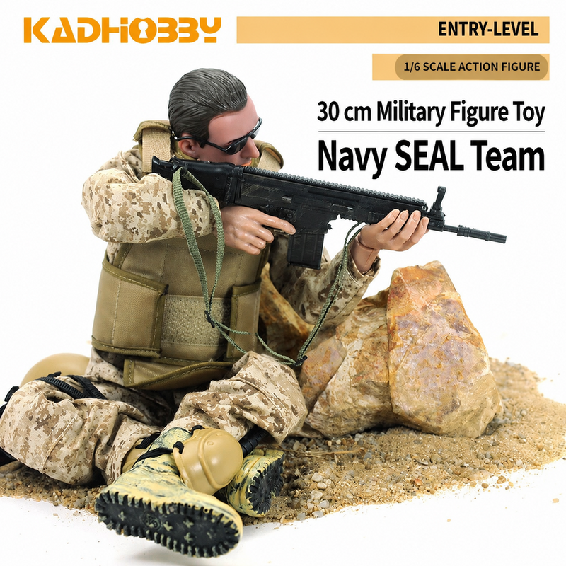 1/6 scale military action figure with rifle and desert camouflage gear