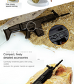 Black miniature rifle model beside a ruler, with a close-up inset showing detailed side controls.