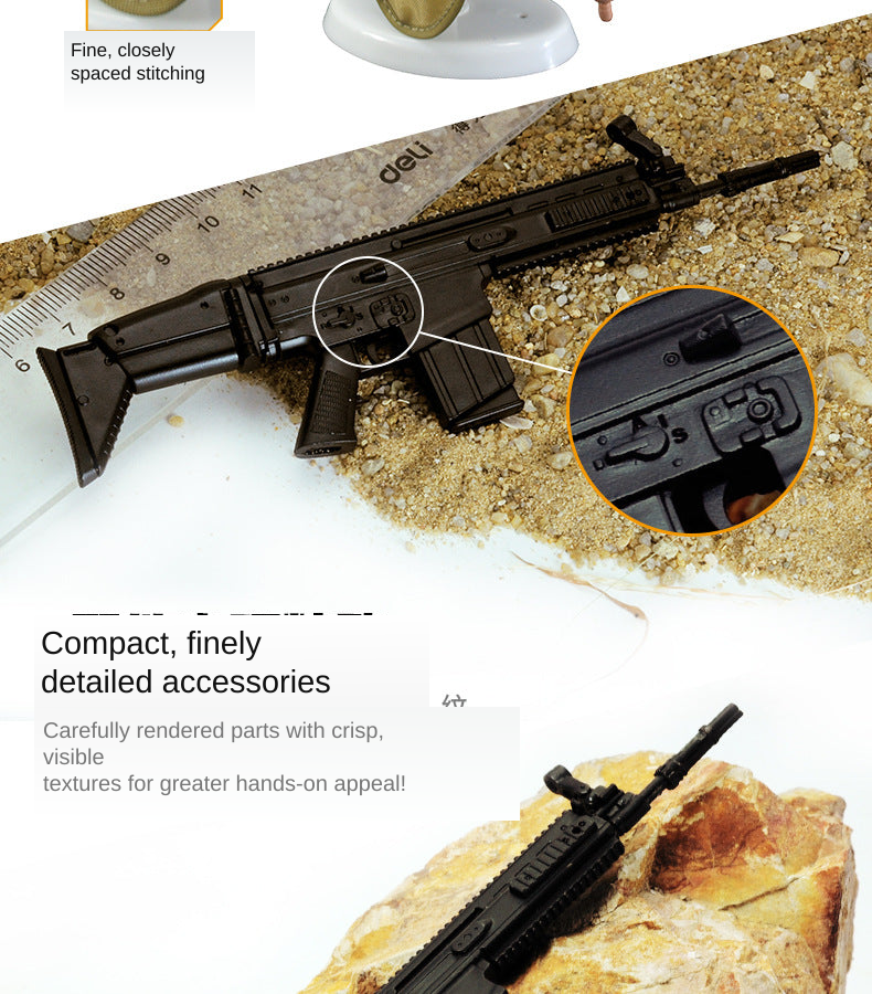 Black miniature rifle model beside a ruler, with a close-up inset showing detailed side controls.