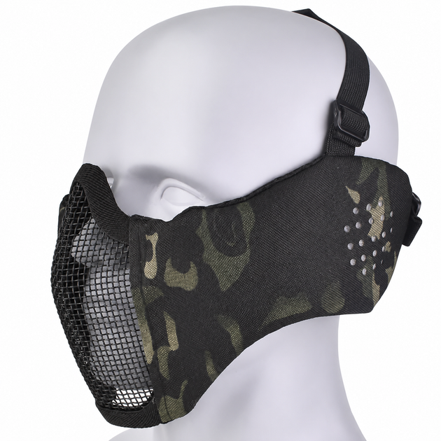 Black camouflage mesh face mask shown on a white mannequin head