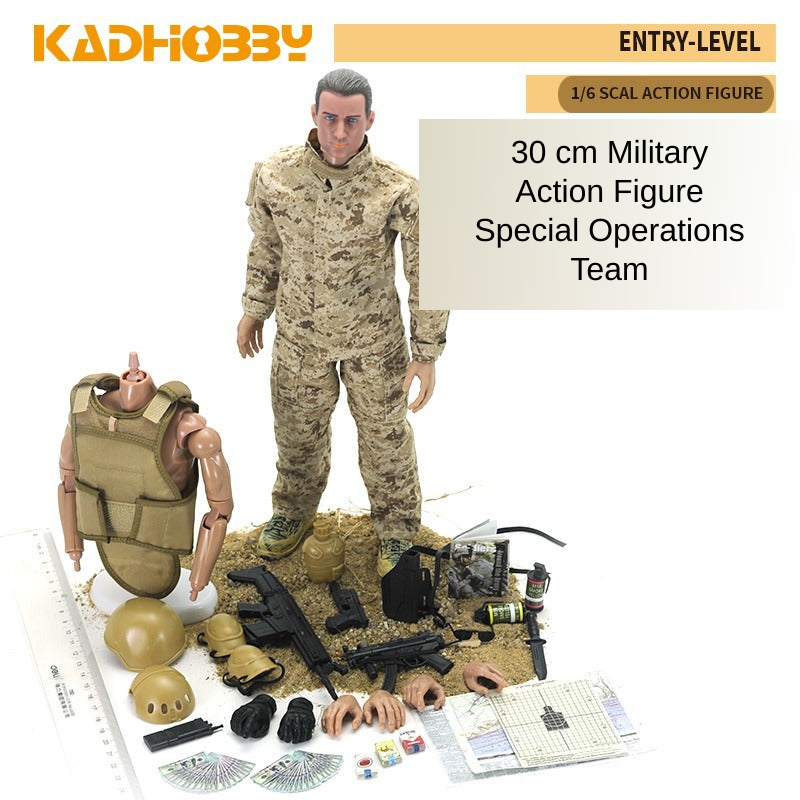 KADHOBBY 1/6 scale 30 cm military action figure with camouflage uniform, tactical gear, weapons, and accessories.