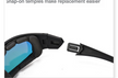 Close-up of detachable snap-on temples on protective eyewear