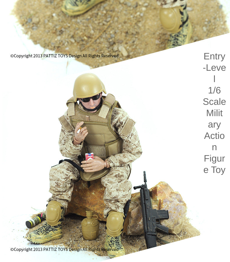 1/6 scale military action figure in desert camouflage with tactical gear and accessories