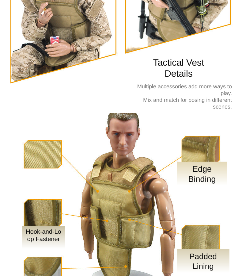 Tan tactical vest on a male action figure with close-ups of edge binding, hook-and-loop closure, and padded lining.