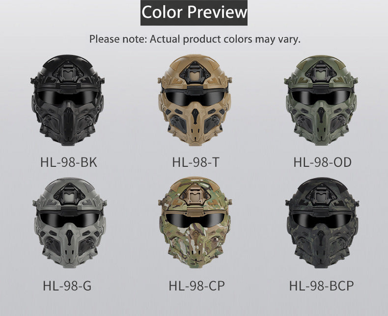 HL-98 helmet color options in black, tan, olive drab, gray, camouflage, and black camouflage