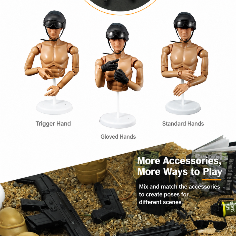 Poseable male action figure bust with interchangeable hands, helmet, goggles, stand, and tactical accessories.
