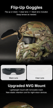 Camouflage tactical helmet with flip-up goggles, black and clear lenses, and night vision mount