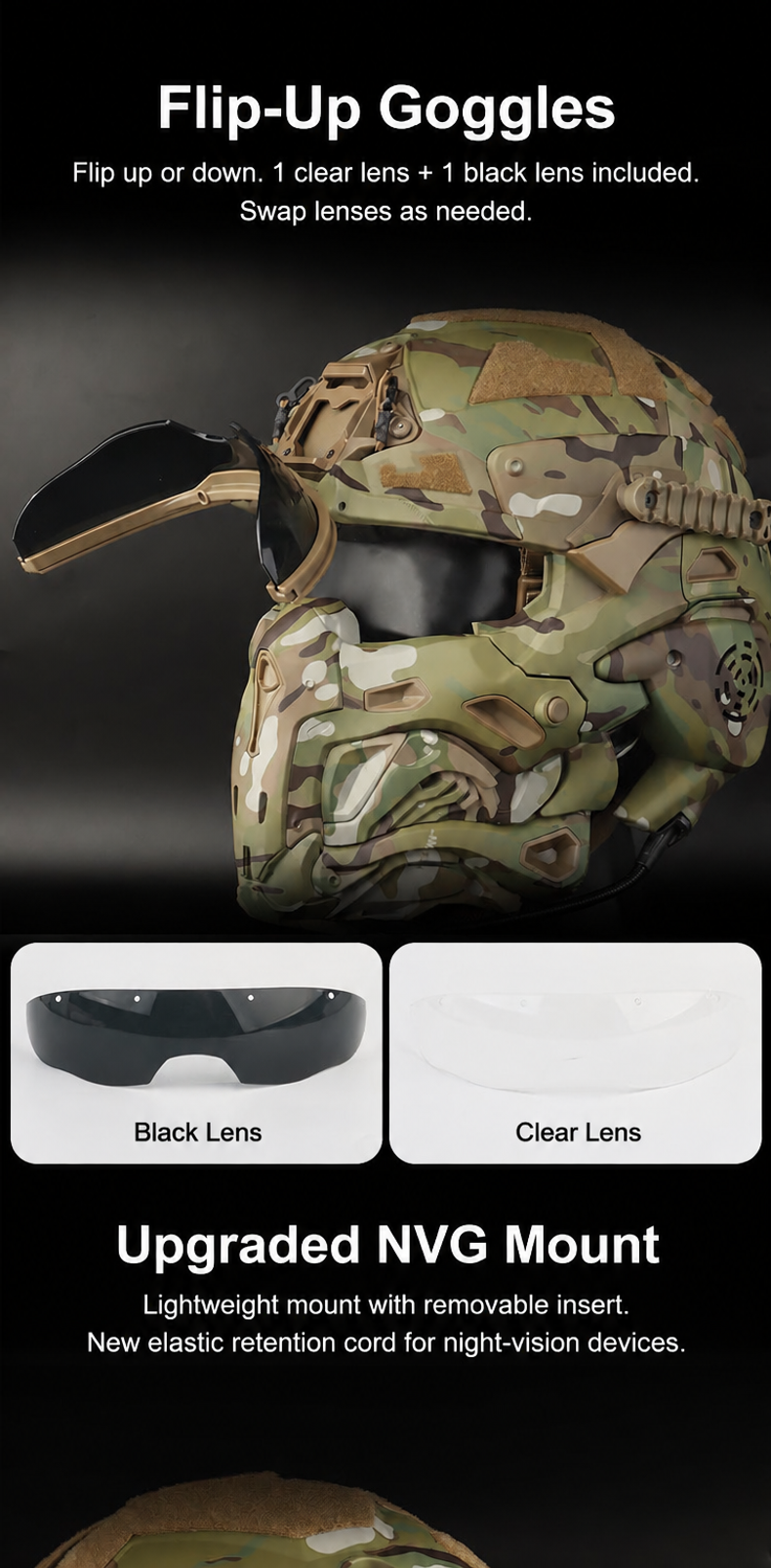 Camouflage tactical helmet with flip-up goggles, black and clear lenses, and night vision mount