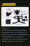 ZL1 half-face tactical mask with adjustable harness, straps, padding, and size specifications