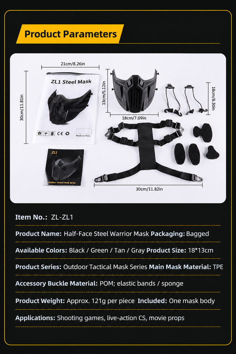 ZL1 half-face tactical mask with adjustable harness, straps, padding, and size specifications