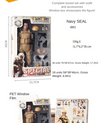 Boxed 12-inch special forces action figure with tan uniform, helmet, weapons, accessories, and dimensions.