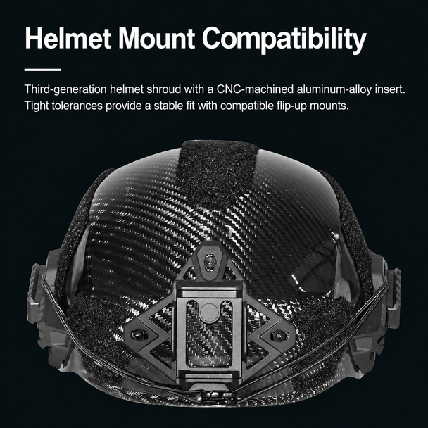 Black carbon-fiber-pattern helmet with a front mounting shroud and side rails