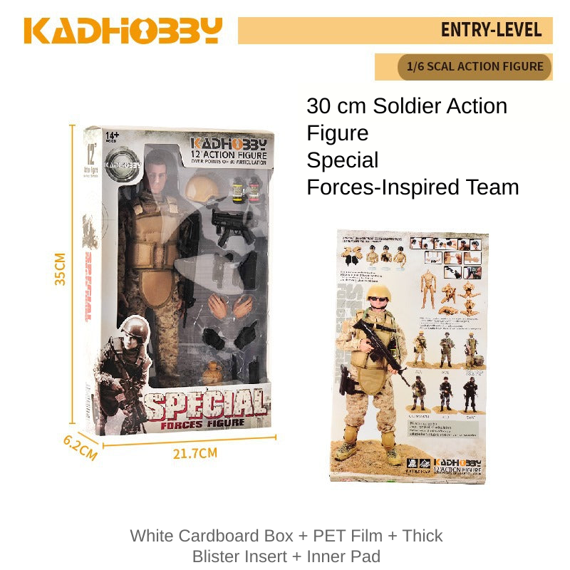 KADHOBBY 1/6 scale action figure with tactical gear and toy firearms in retail packaging