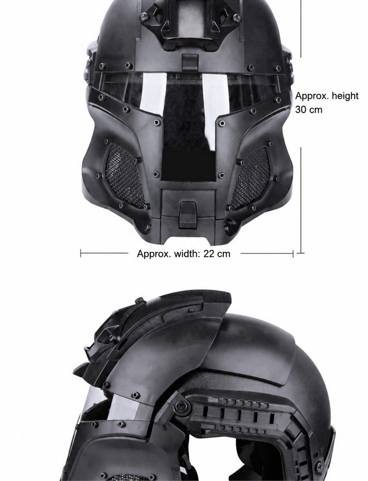 Black helmet-style mask shown from the front and side with approximate dimensions of 30 cm high and 22 cm wide.