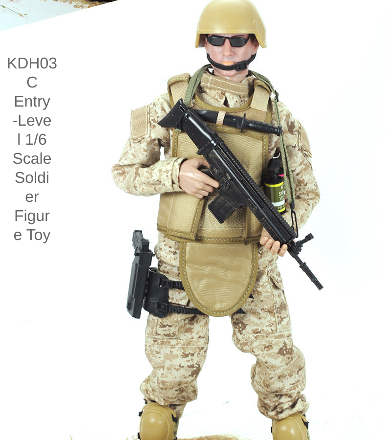 KDH03C 1/6 scale soldier figure toy in desert camouflage with helmet, vest, rifle, and sidearm