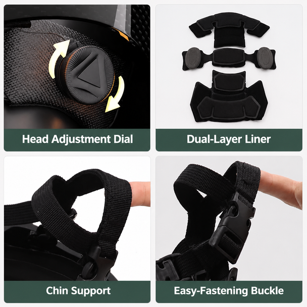 Black protective helmet details showing adjustment dial, dual-layer liner, chin support, and buckle