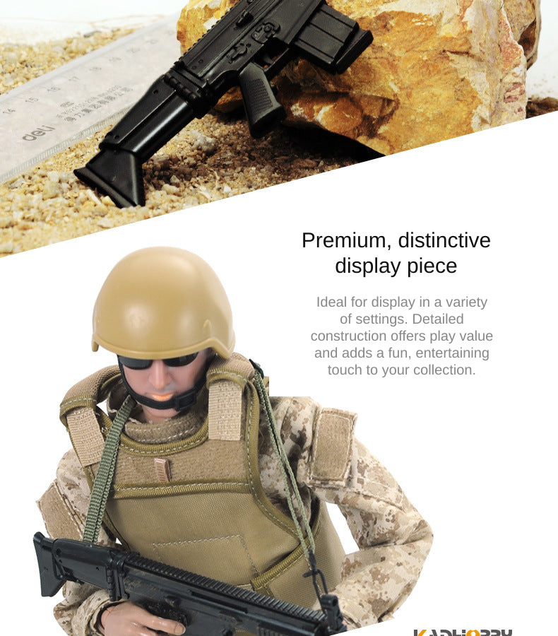 Military-style action figure with miniature rifles shown as a collectible display piece