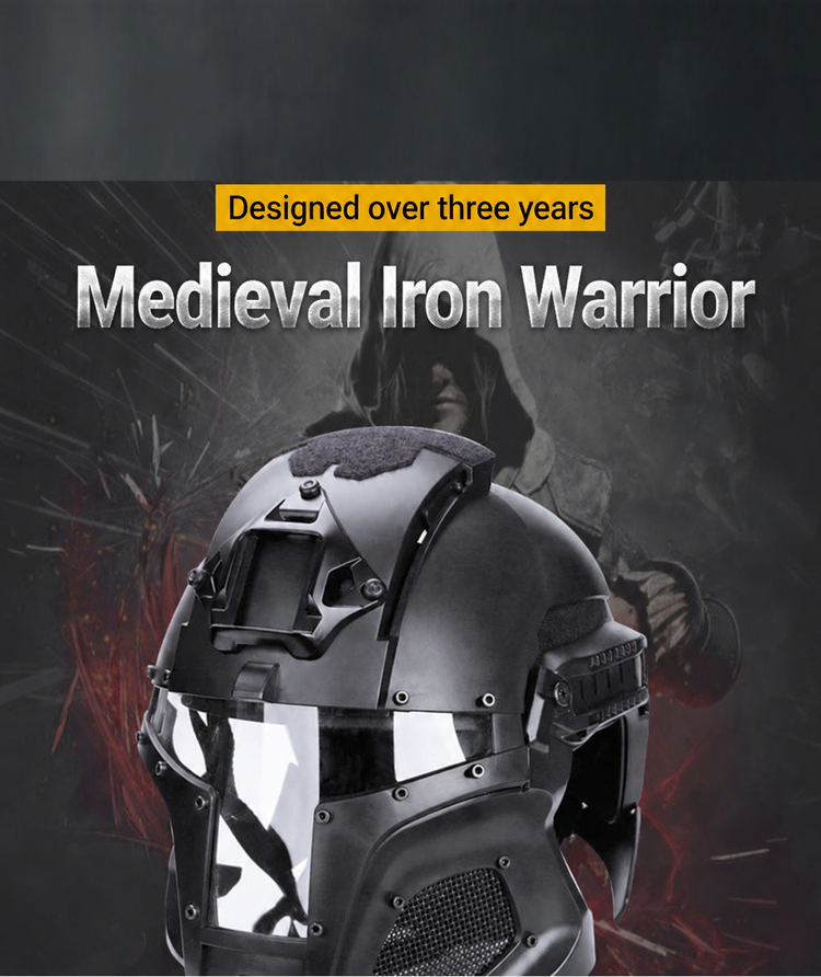 Black full-face helmet with a clear visor and side protection against a dark background.