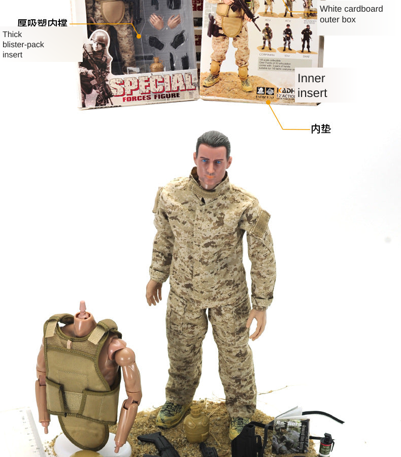 1/6 scale military action figure with camouflage uniform, tactical vest, accessories, and packaging