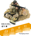 12-inch military action figure posed with a rifle on desert terrain, with product feature icons.