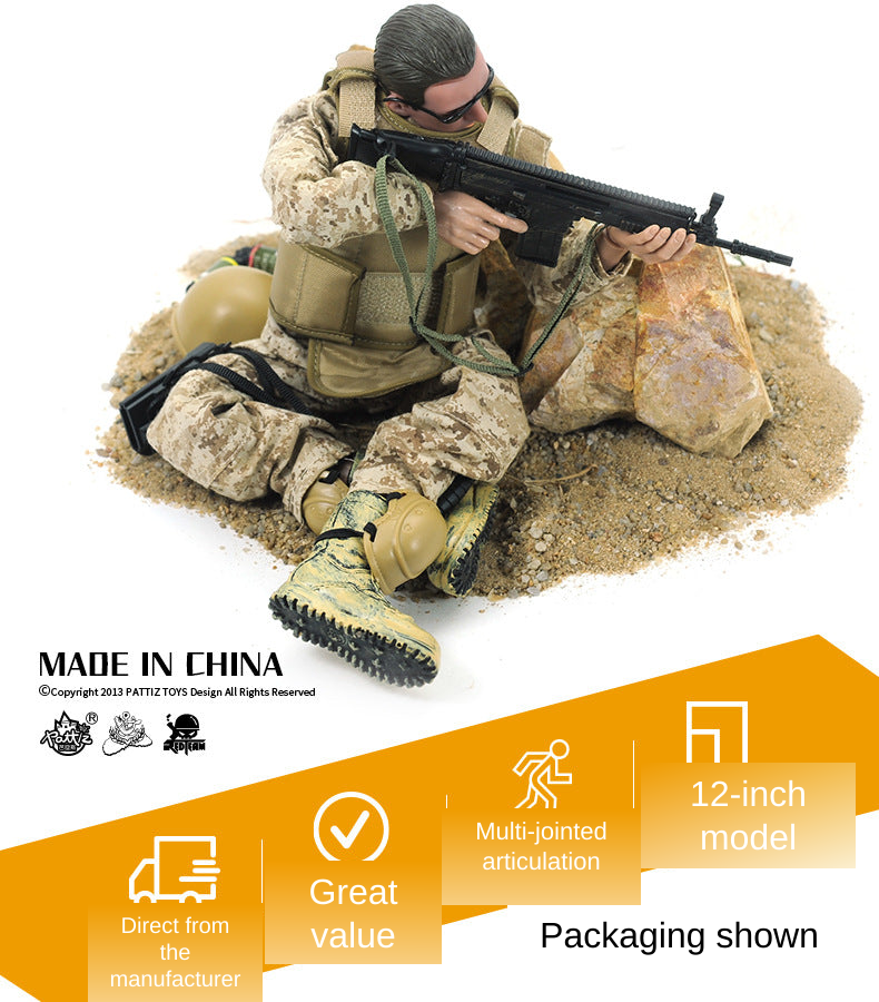 12-inch military action figure posed with a rifle on desert terrain, with product feature icons.